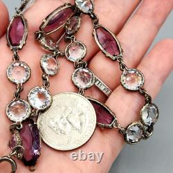 Art Deco Cut Rock Crystal & Amethyst Glass Sterling Silver Bezel Necklace 14