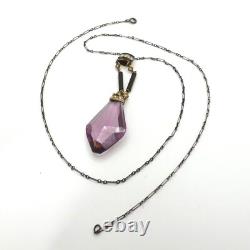 Art Deco Czech Amethyst Glass Pendant Sterling Silver Oval Cable Link Necklace