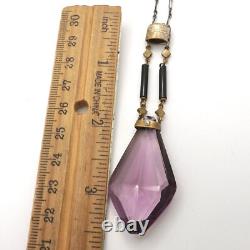 Art Deco Czech Amethyst Glass Pendant Sterling Silver Oval Cable Link Necklace