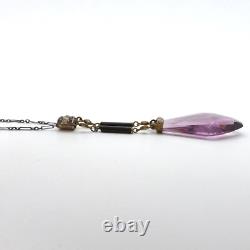 Art Deco Czech Amethyst Glass Pendant Sterling Silver Oval Cable Link Necklace