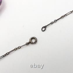 Art Deco Czech Amethyst Glass Pendant Sterling Silver Oval Cable Link Necklace