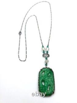 Art Deco Flower PEKING Green GLASS Sterling Silver Filigree Necklace