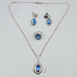 Art Deco JJ White Blue Glass Sterling Silver Set Necklace Earrings Ring Sz 4.75
