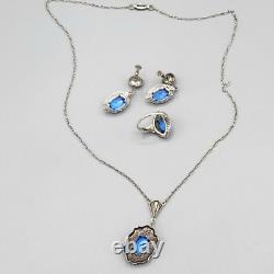 Art Deco JJ White Blue Glass Sterling Silver Set Necklace Earrings Ring Sz 4.75