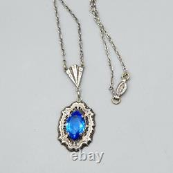 Art Deco JJ White Blue Glass Sterling Silver Set Necklace Earrings Ring Sz 4.75