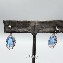 Art Deco JJ White Blue Glass Sterling Silver Set Necklace Earrings Ring Sz 4.75
