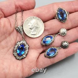 Art Deco JJ White Blue Glass Sterling Silver Set Necklace Earrings Ring Sz 4.75