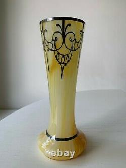 Art Deco Nouveau Sterling Silver Overlay Yellow Art Glass Vase 10 Opaline Swirl