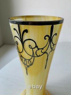 Art Deco Nouveau Sterling Silver Overlay Yellow Art Glass Vase 10 Opaline Swirl