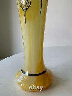 Art Deco Nouveau Sterling Silver Overlay Yellow Art Glass Vase 10 Opaline Swirl