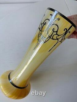 Art Deco Nouveau Sterling Silver Overlay Yellow Art Glass Vase 10 Opaline Swirl