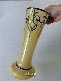 Art Deco Nouveau Sterling Silver Overlay Yellow Art Glass Vase 10 Opaline Swirl