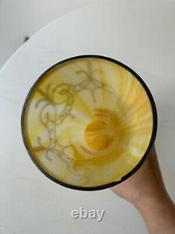 Art Deco Nouveau Sterling Silver Overlay Yellow Art Glass Vase 10 Opaline Swirl