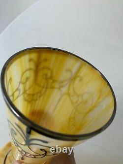 Art Deco Nouveau Sterling Silver Overlay Yellow Art Glass Vase 10 Opaline Swirl