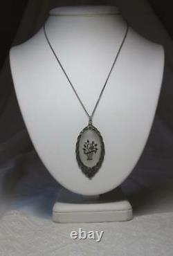 Art Deco Pendant Necklace Germany Sterling Silver Marcasites 1920s Camphor Glass