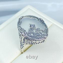 Art Deco Ring 1930s Camphor Glass Sterling Silver Filigree Made To Order #594