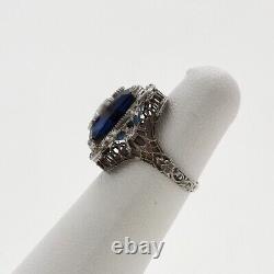 Art Deco Sterling Silver Blue Glass Alpha Phi Delta Filigree Fraternity Ring sz4
