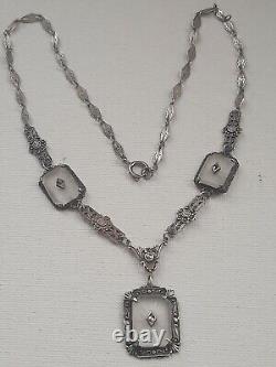 Art Deco Sterling Silver Camphor Glass Marcasite Necklace