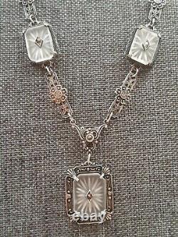 Art Deco Sterling Silver Camphor Glass Marcasite Necklace