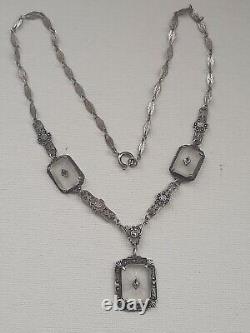 Art Deco Sterling Silver Camphor Glass Marcasite Necklace