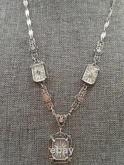 Art Deco Sterling Silver Camphor Glass Marcasite Necklace