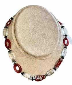Art Deco Sterling Silver Carnelian Donuts Blk Glass & Clear Crystal Necklace VTG