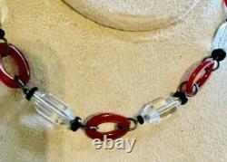 Art Deco Sterling Silver Carnelian Donuts Blk Glass & Clear Crystal Necklace VTG