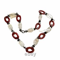 Art Deco Sterling Silver Carnelian Donuts Blk Glass & Clear Crystal Necklace VTG
