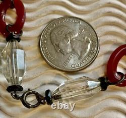 Art Deco Sterling Silver Carnelian Donuts Blk Glass & Clear Crystal Necklace VTG