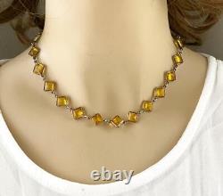 Art Deco Sterling Silver & Citrine Yellow Glass Open-Back Necklace 15