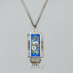 Art Deco Sterling Silver Germany Enamel Marcasite Glass Pendant Necklace 16