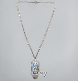 Art Deco Sterling Silver Germany Enamel Marcasite Glass Pendant Necklace 16