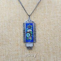 Art Deco Sterling Silver Germany Enamel Marcasite Glass Pendant Necklace 16