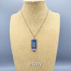 Art Deco Sterling Silver Germany Enamel Marcasite Glass Pendant Necklace 16
