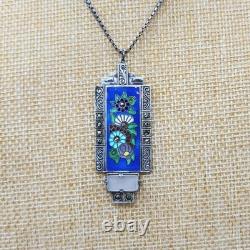 Art Deco Sterling Silver Germany Enamel Marcasite Glass Pendant Necklace 16