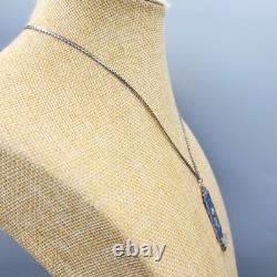 Art Deco Sterling Silver Germany Enamel Marcasite Glass Pendant Necklace 16