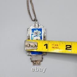 Art Deco Sterling Silver Germany Enamel Marcasite Glass Pendant Necklace 16