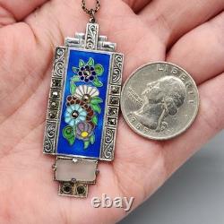 Art Deco Sterling Silver Germany Enamel Marcasite Glass Pendant Necklace 16