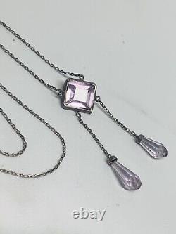 Art Deco Sterling Silver Glass Amethyst Necklace 16