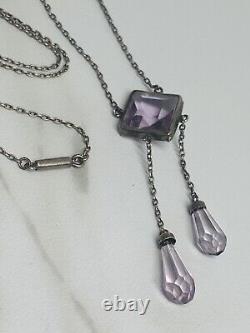 Art Deco Sterling Silver Glass Amethyst Necklace 16