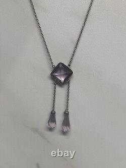Art Deco Sterling Silver Glass Amethyst Necklace 16