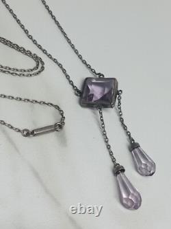 Art Deco Sterling Silver Glass Amethyst Necklace 16