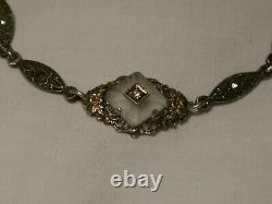 Art Deco Sterling Silver, Marcasites, Center Diamond Camphor Glass Bracelet
