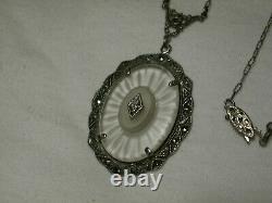 Art Deco Sterling Silver, Marcasites, Diamond, Layered Camphor Glass Necklace