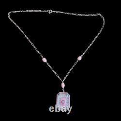 Art Deco Sterling Silver Pink Enamel Camphor Glass Paste Necklace Fancy Chain