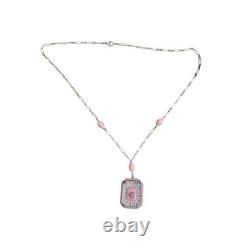 Art Deco Sterling Silver Pink Enamel Camphor Glass Paste Necklace Fancy Chain