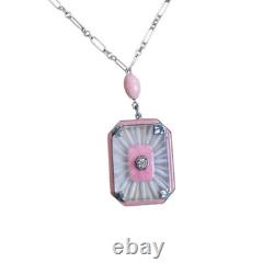 Art Deco Sterling Silver Pink Enamel Camphor Glass Paste Necklace Fancy Chain