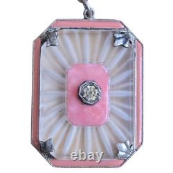 Art Deco Sterling Silver Pink Enamel Camphor Glass Paste Necklace Fancy Chain