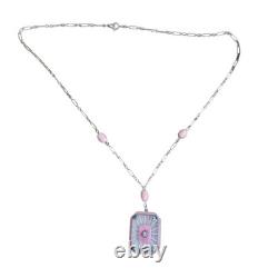 Art Deco Sterling Silver Pink Enamel Camphor Glass Paste Necklace Fancy Chain