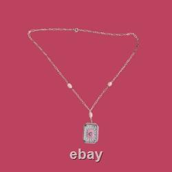 Art Deco Sterling Silver Pink Enamel Camphor Glass Paste Necklace Fancy Chain